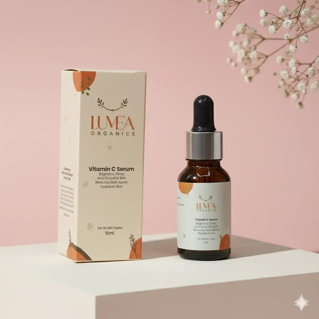 Lumea Organics Vitamin C Serum bottle and packaging on a pink background with white flowers.